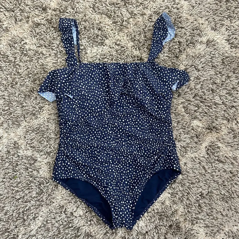 Kona Sol Navy Blue Polka Dot Ruffle Flounce One Piece Swimsuit XL Extra Large